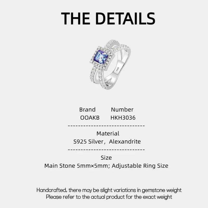 Princess-cut Alexandrite halo ring with a split shank, product specification card with text