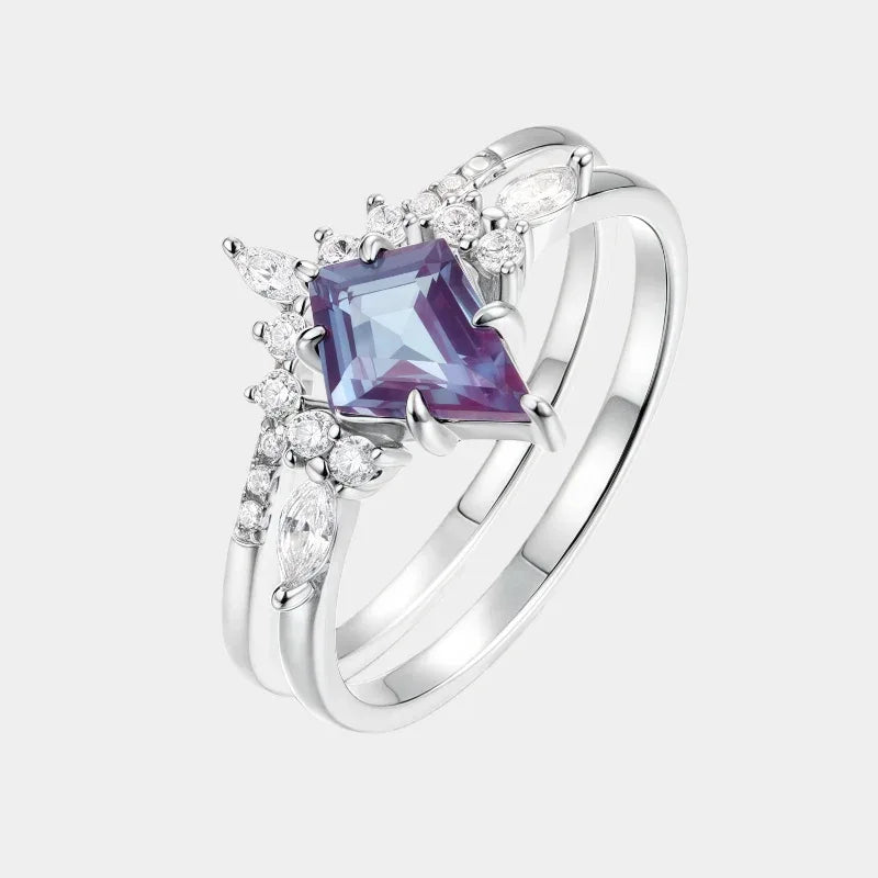 Princess-cut Alexandrite two-band ring with clear accents, front product view on a white background