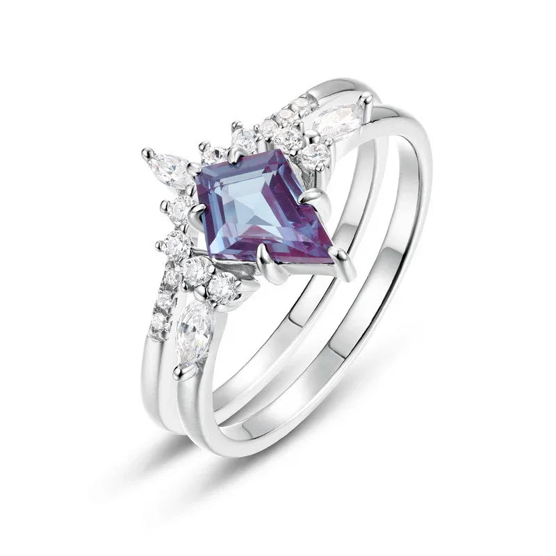 Princess-cut Alexandrite two-band ring with clear accents, alternate front product view on a white background
