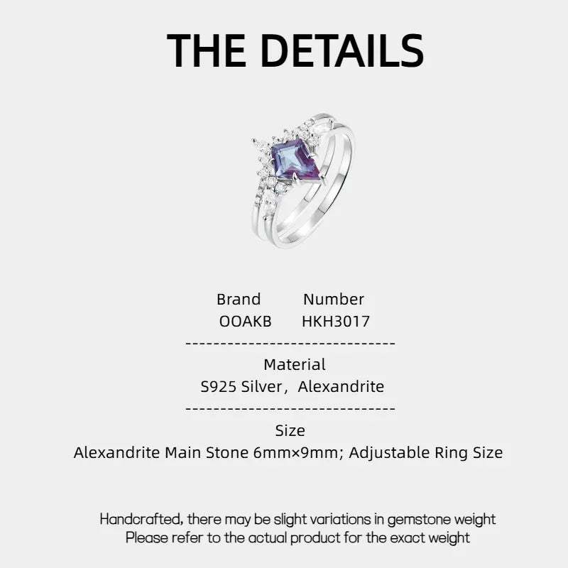 Princess-cut Alexandrite two-band ring with clear accents, product specification card with text