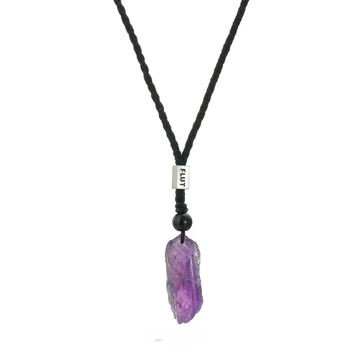 raw amethyst crystal cord necklace full cord length and pendant view on white
