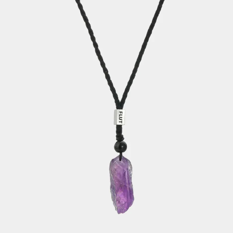raw amethyst crystal cord necklace full necklace view on a white background