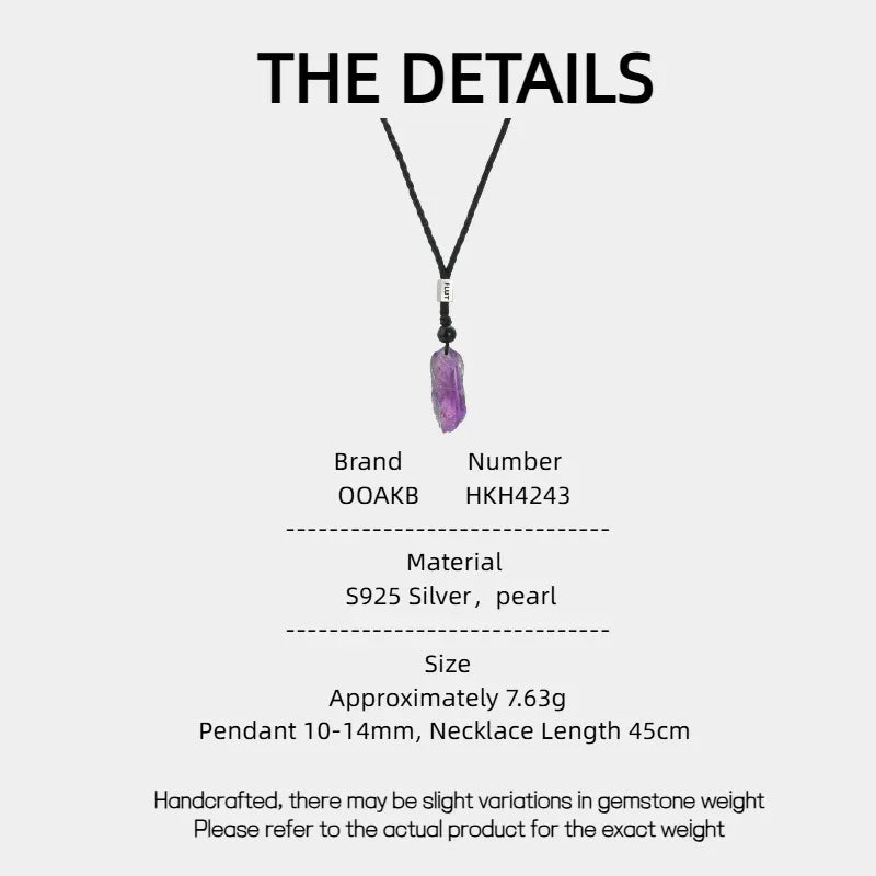 raw amethyst crystal cord necklace specification card with product measurements