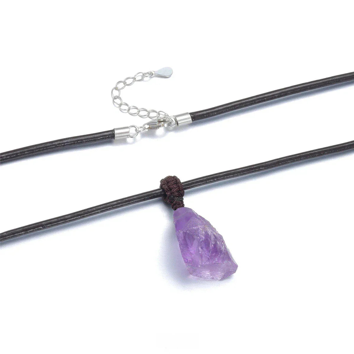 raw amethyst stone cord necklace clasp, extension chain, and pendant detail