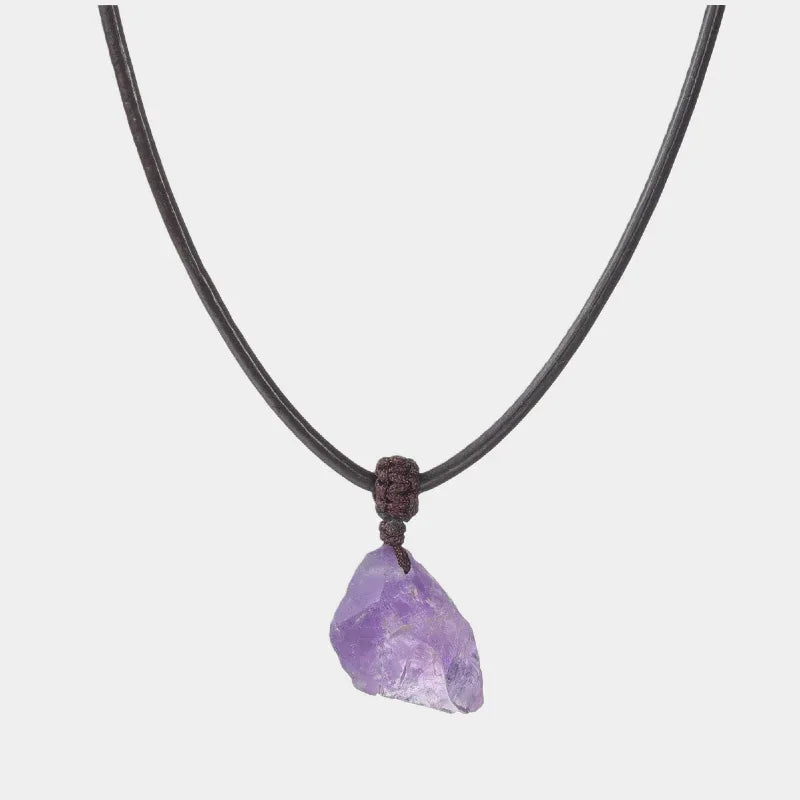 raw amethyst stone cord necklace full necklace view on a white background