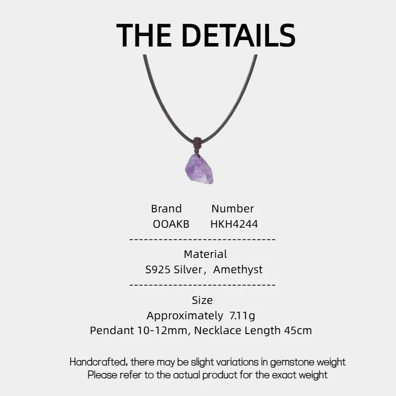 raw amethyst stone cord necklace specification card with product measurements
