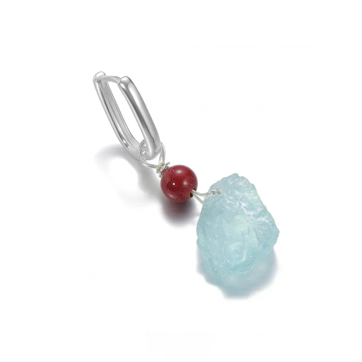 Raw Aquamarine and Cinnabar Drop Earrings angled pair on a white background