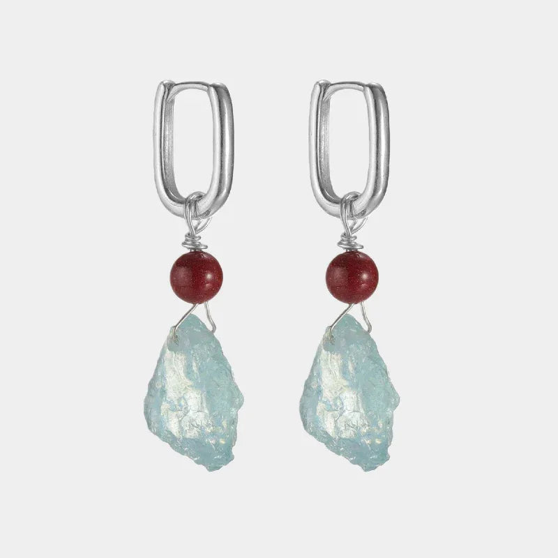 Raw Aquamarine and Cinnabar Drop Earrings paired product view on a white background