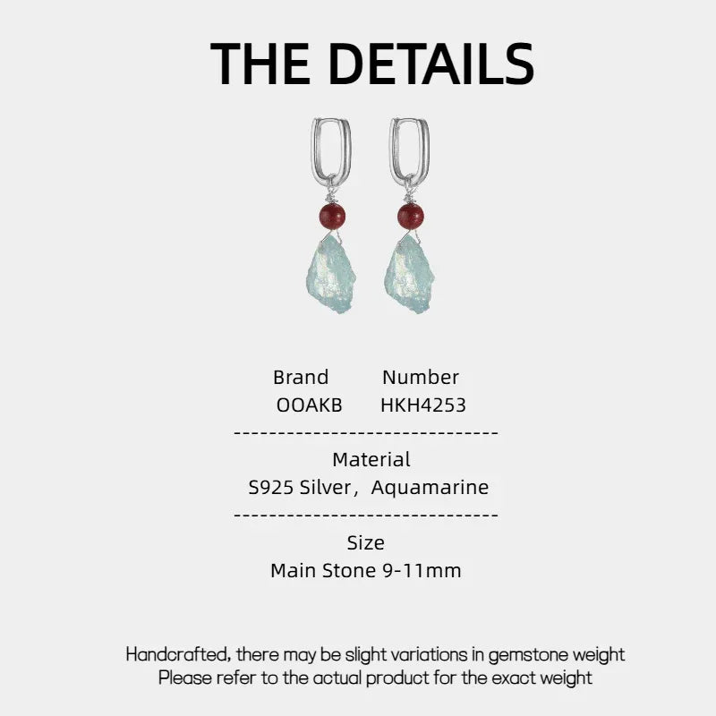 Raw Aquamarine and Cinnabar Drop Earrings specification card with product measurements