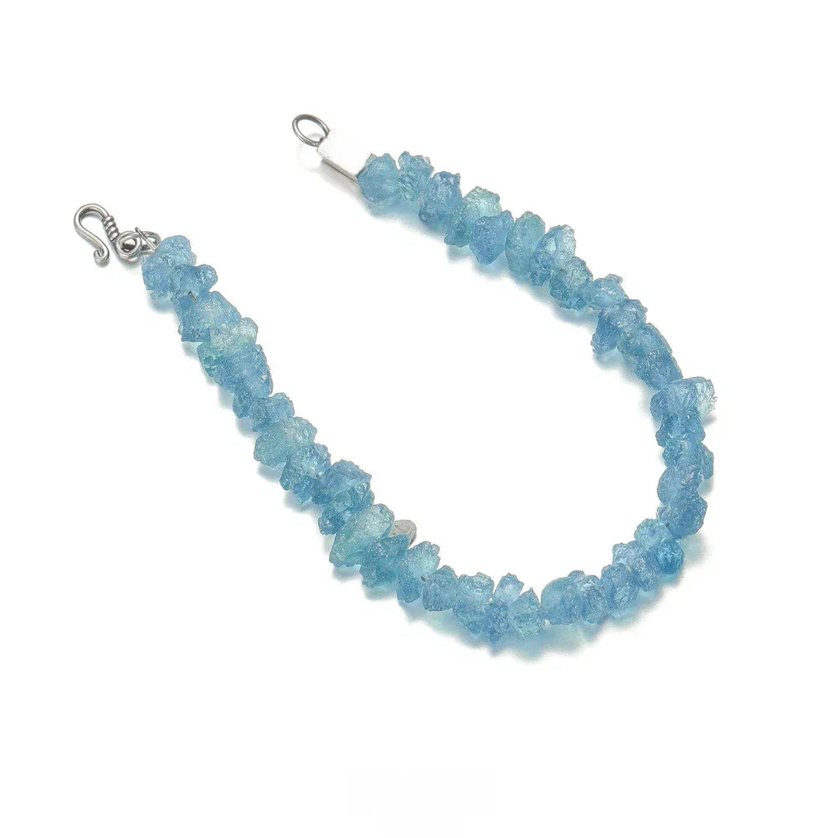 Raw Aquamarine Chip Bead Bracelet angled bracelet detail on white