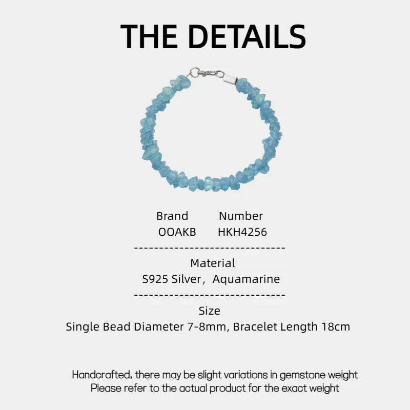 Raw Aquamarine Chip Bead Bracelet specification card with product measurements