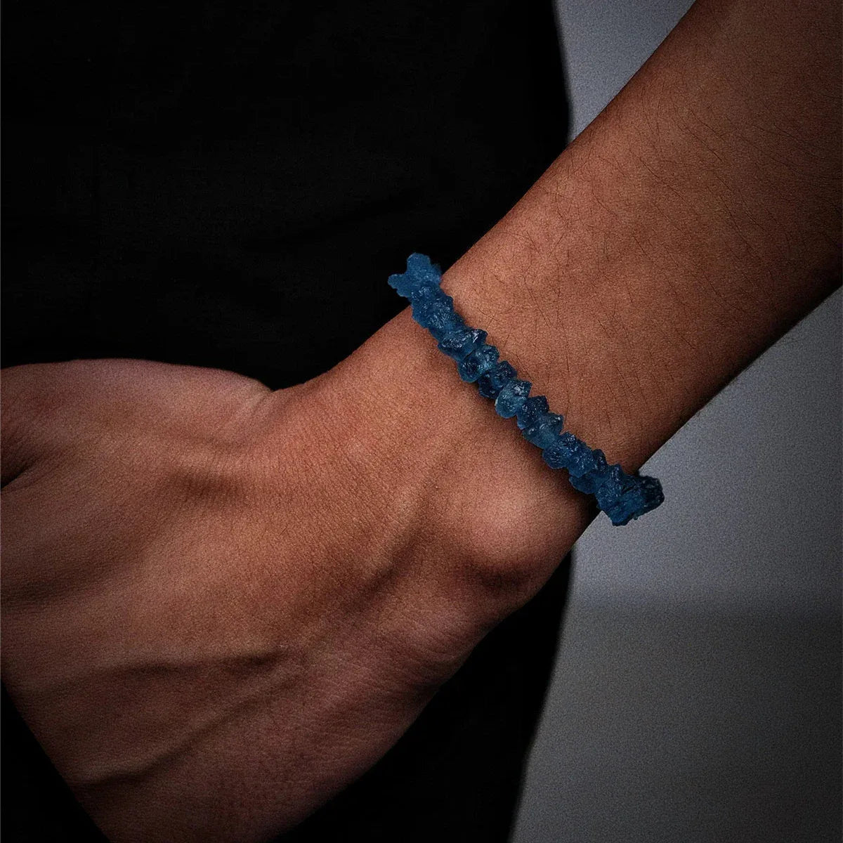 Raw Aquamarine Chip Bead Bracelet styled wrist view showing bracelet scale