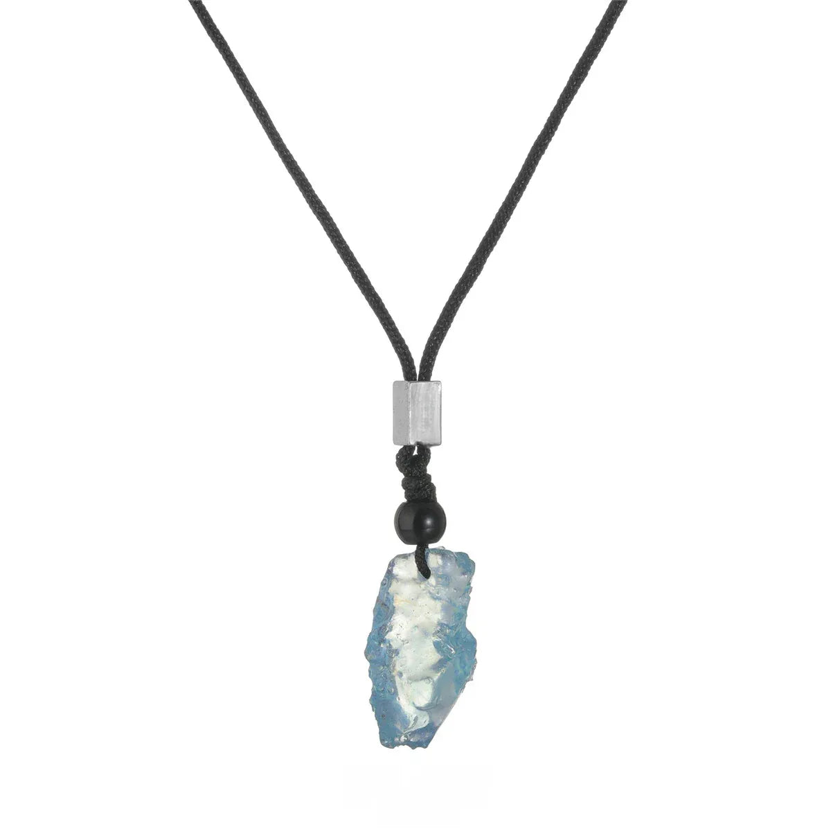 Raw Aquamarine Cord Pendant Necklace angled pendant detail on white