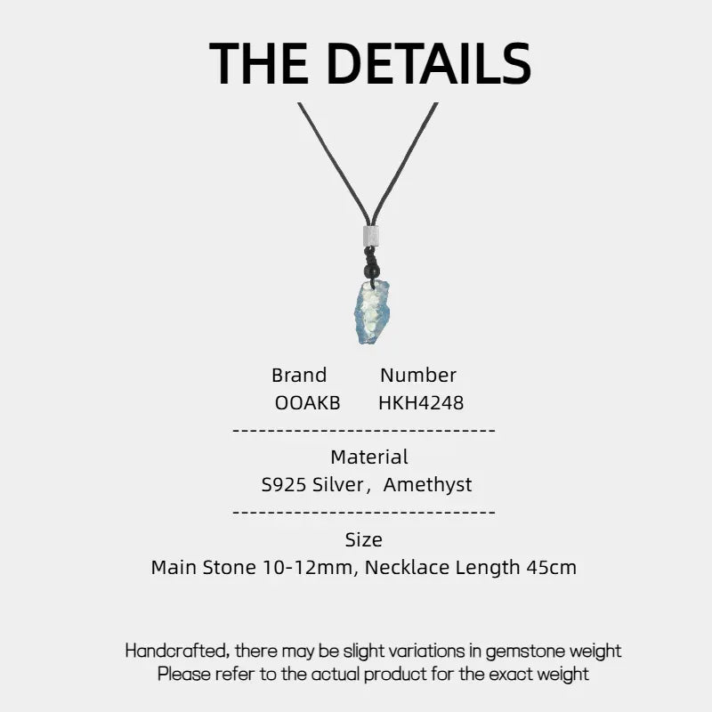 Raw Aquamarine Cord Pendant Necklace specification card with product measurements