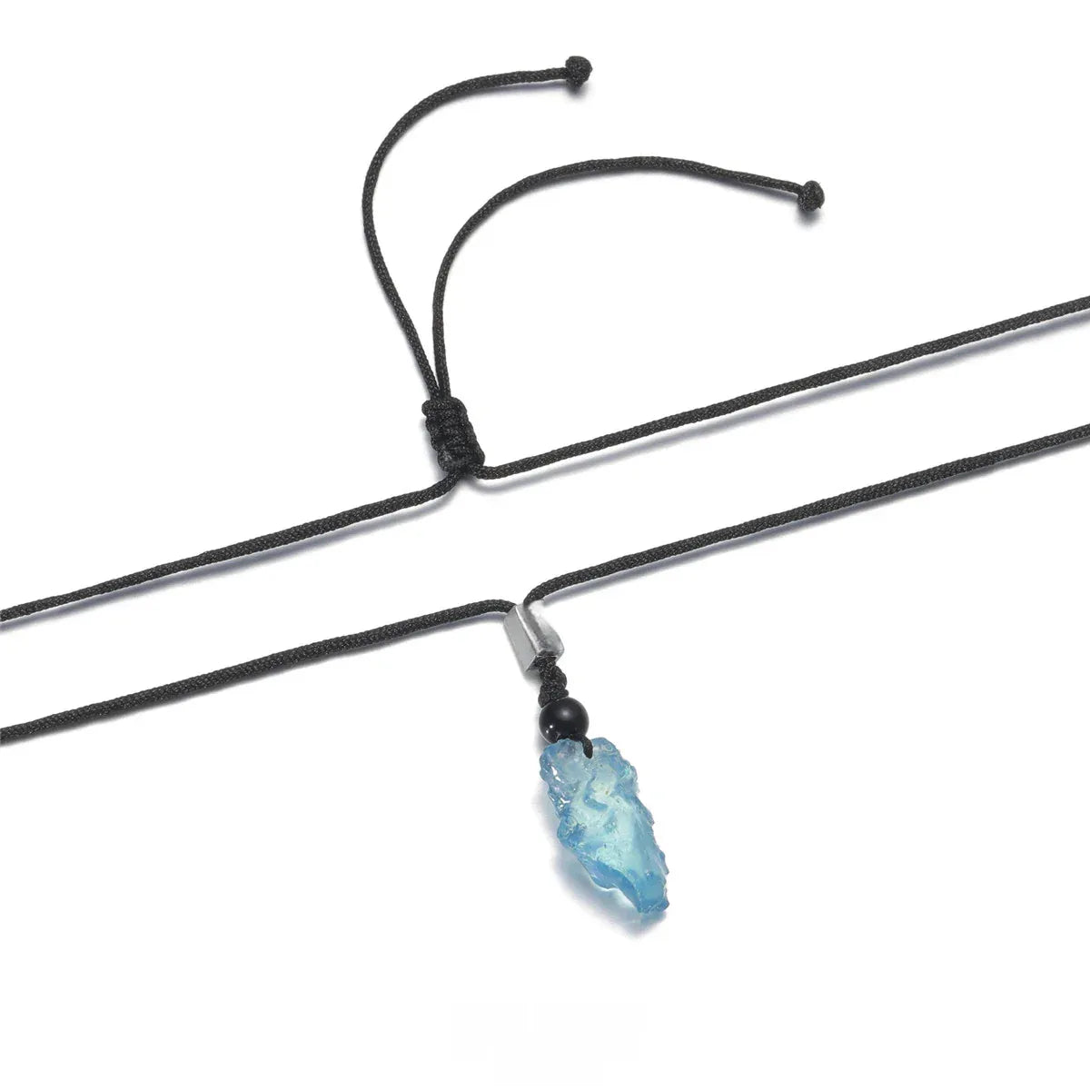 Raw Aquamarine Cord Pendant Necklace styled neckline view showing pendant scale