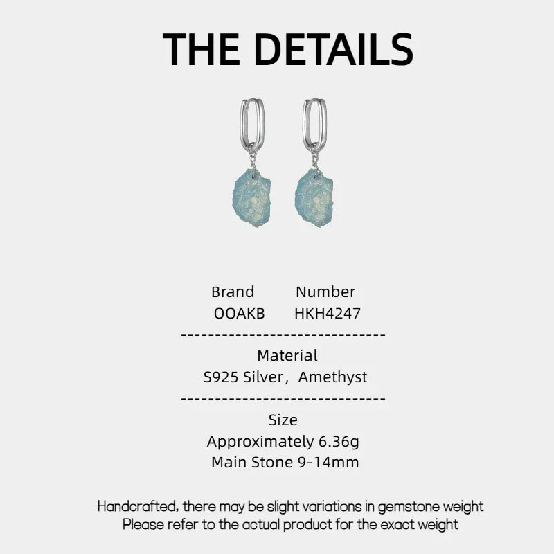 Raw Aquamarine Drop Earrings specification card with product measurements
