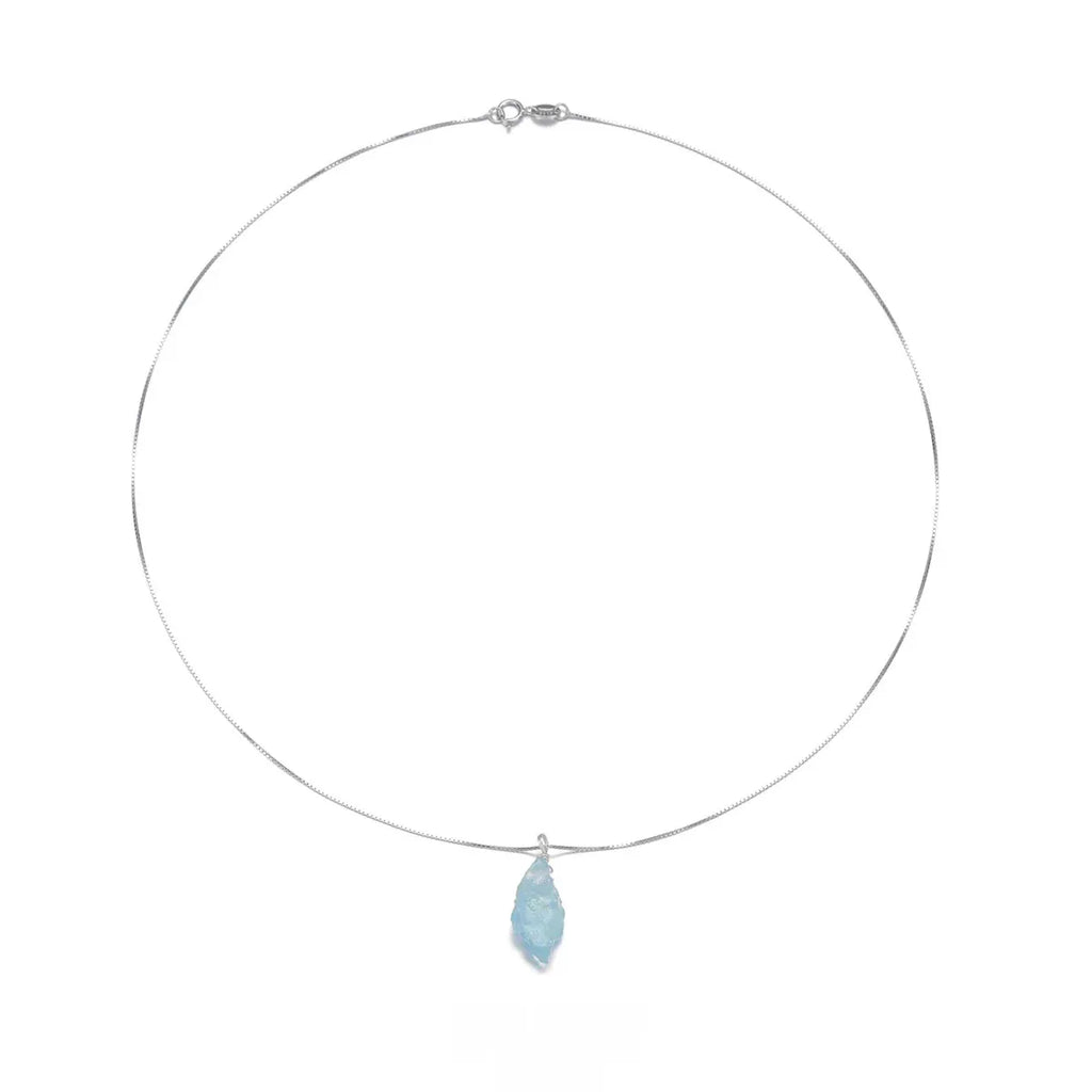 Raw Aquamarine Pendant Necklace angled pendant detail on white