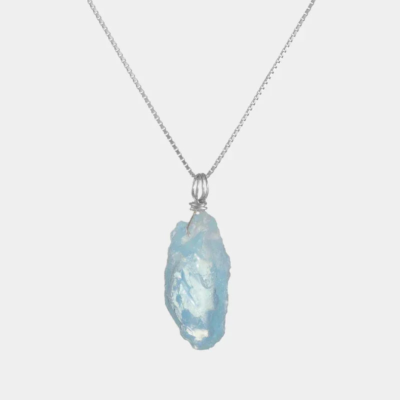 Raw Aquamarine Pendant Necklace full necklace view on a white background