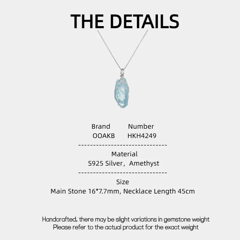 Raw Aquamarine Pendant Necklace specification card with product measurements