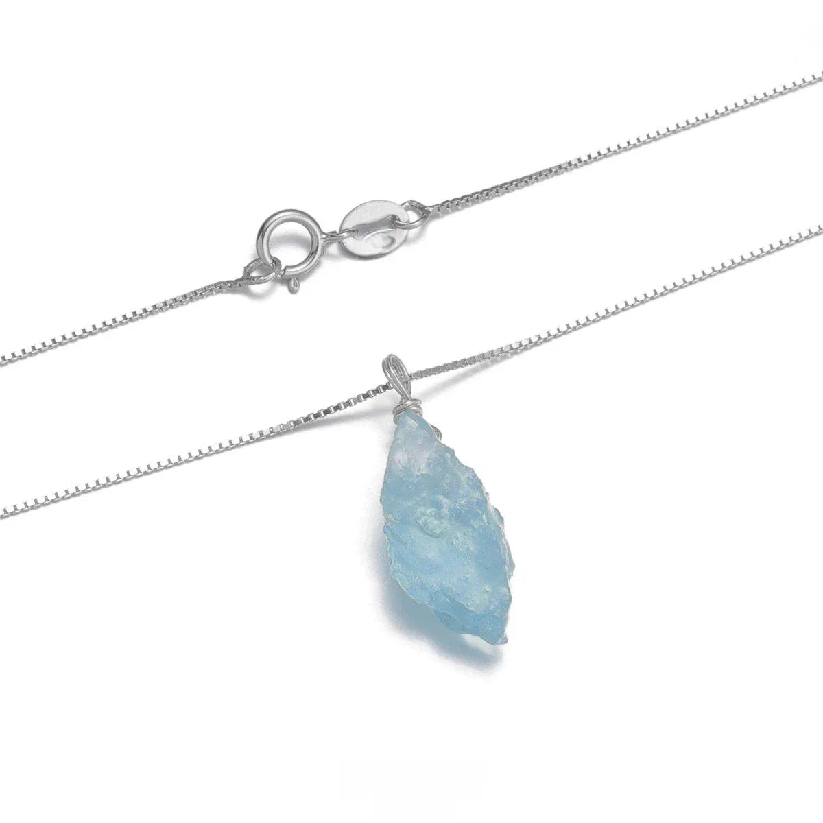 Raw Aquamarine Pendant Necklace styled neckline view showing pendant scale