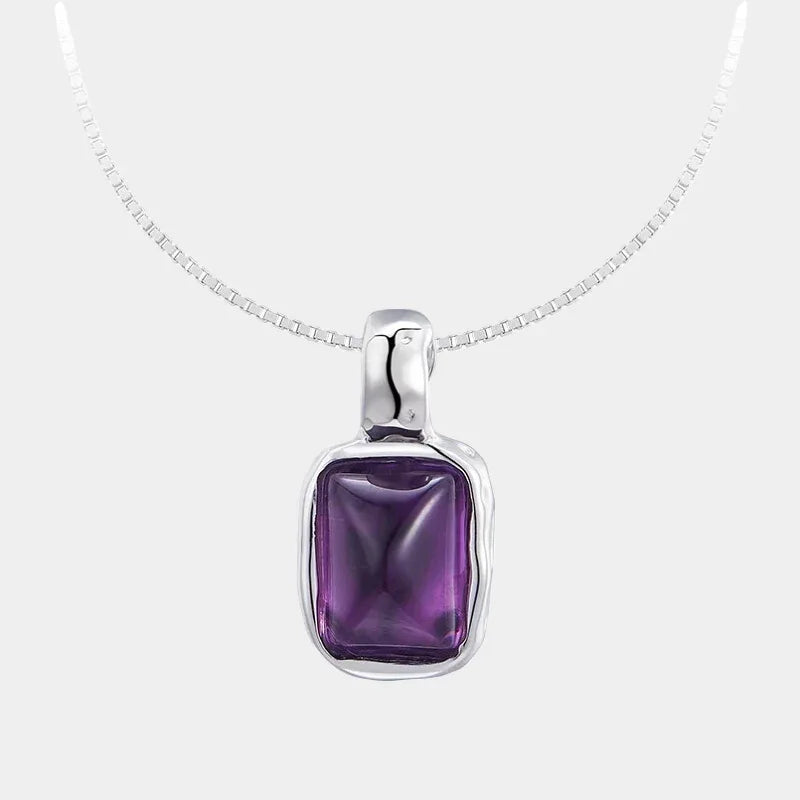 rectangular amethyst pendant necklace front product view on a white background