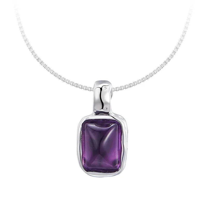 rectangular amethyst pendant necklace second neckline view in soft light