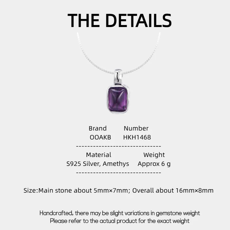 rectangular amethyst pendant necklace specification card with product measurements
