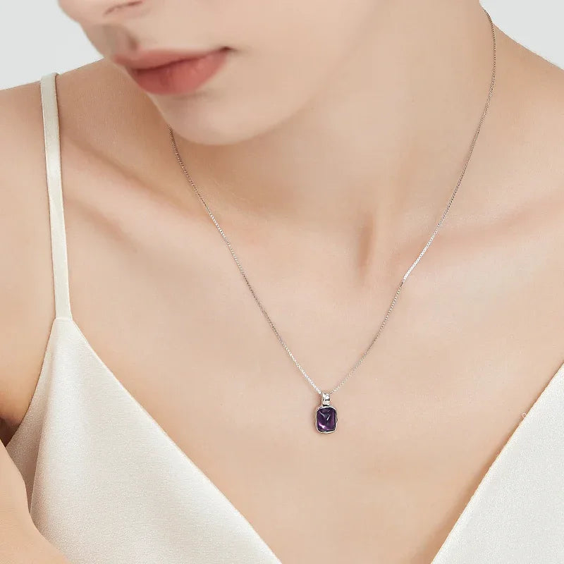 rectangular amethyst pendant necklace styled model view showing pendant scale