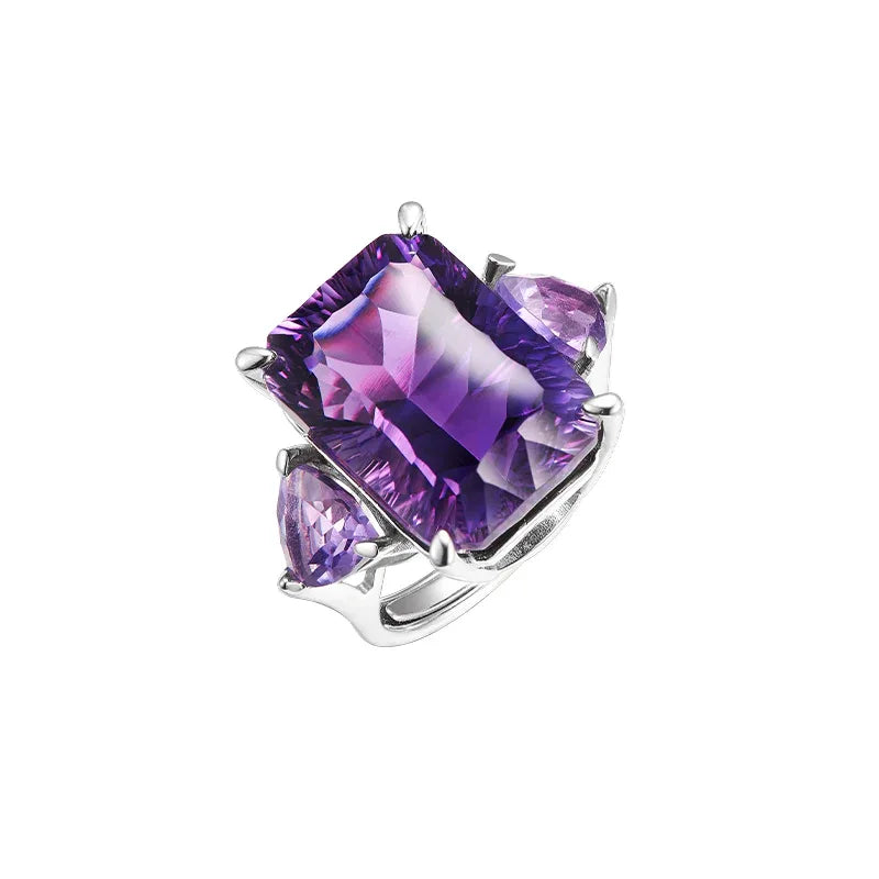 rectangular amethyst accent ring angled product view on a white background