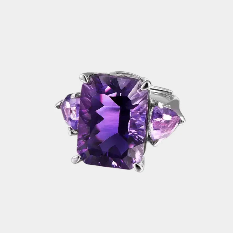 rectangular amethyst accent ring front product view on a white background