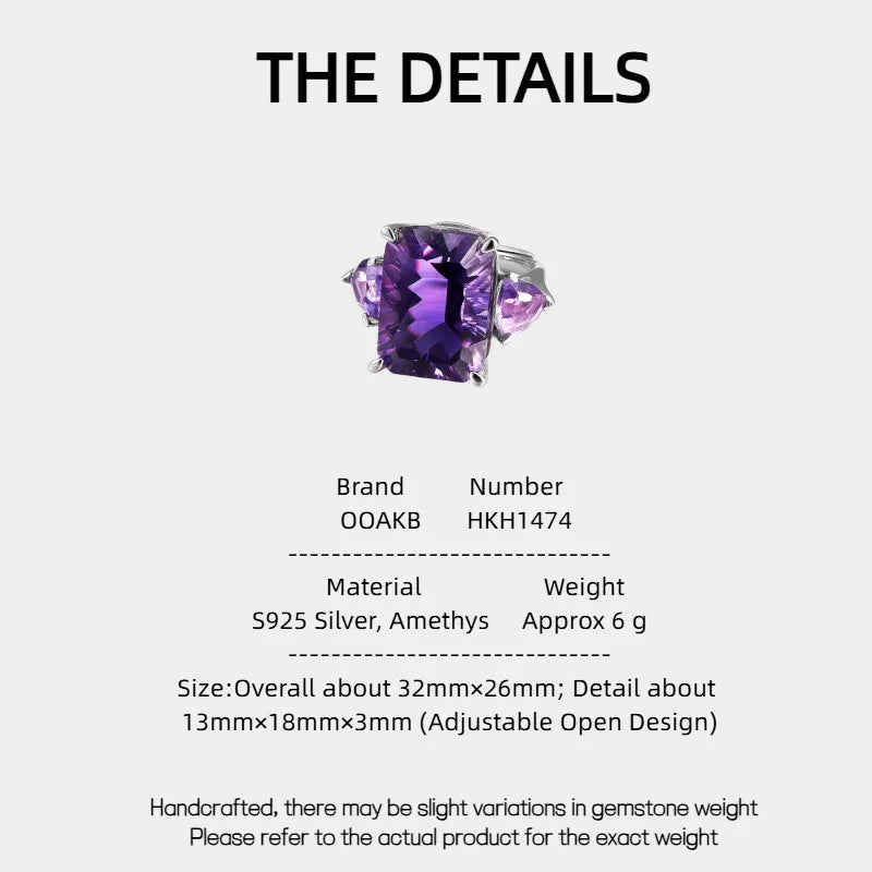 rectangular amethyst accent ring specification card with product measurements