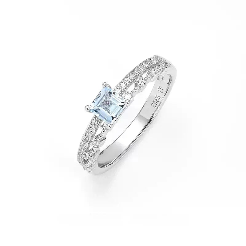 Rectangular Aquamarine Pave Band Ring angled product view showing the setting