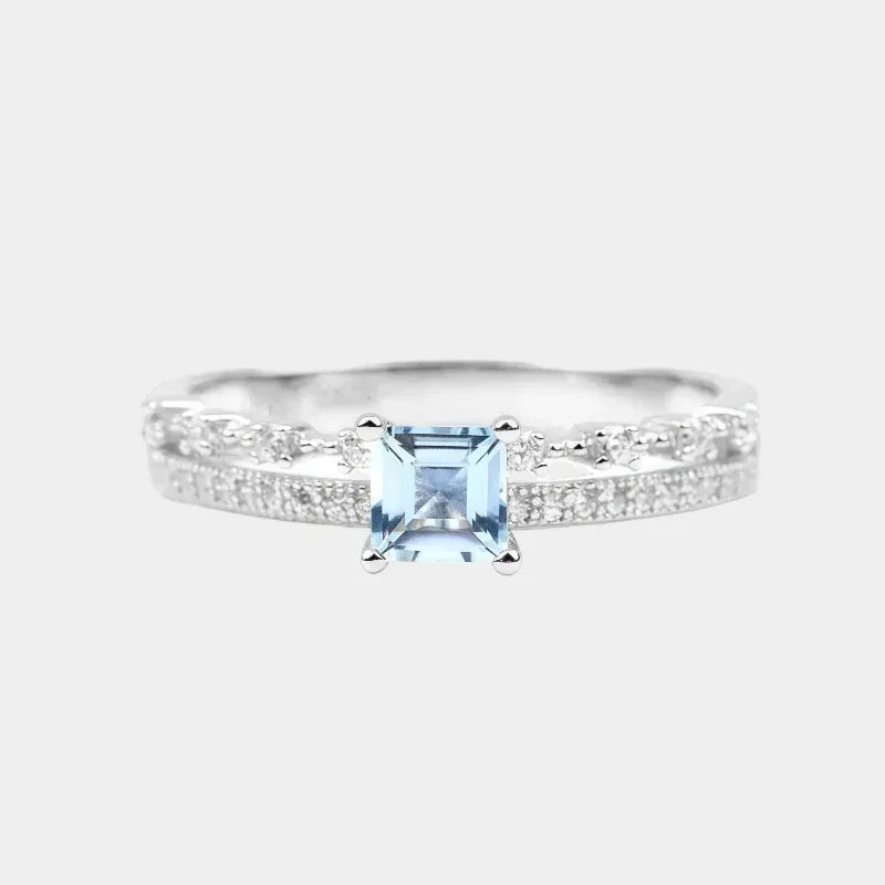 Rectangular Aquamarine Pave Band Ring front product view on a white background
