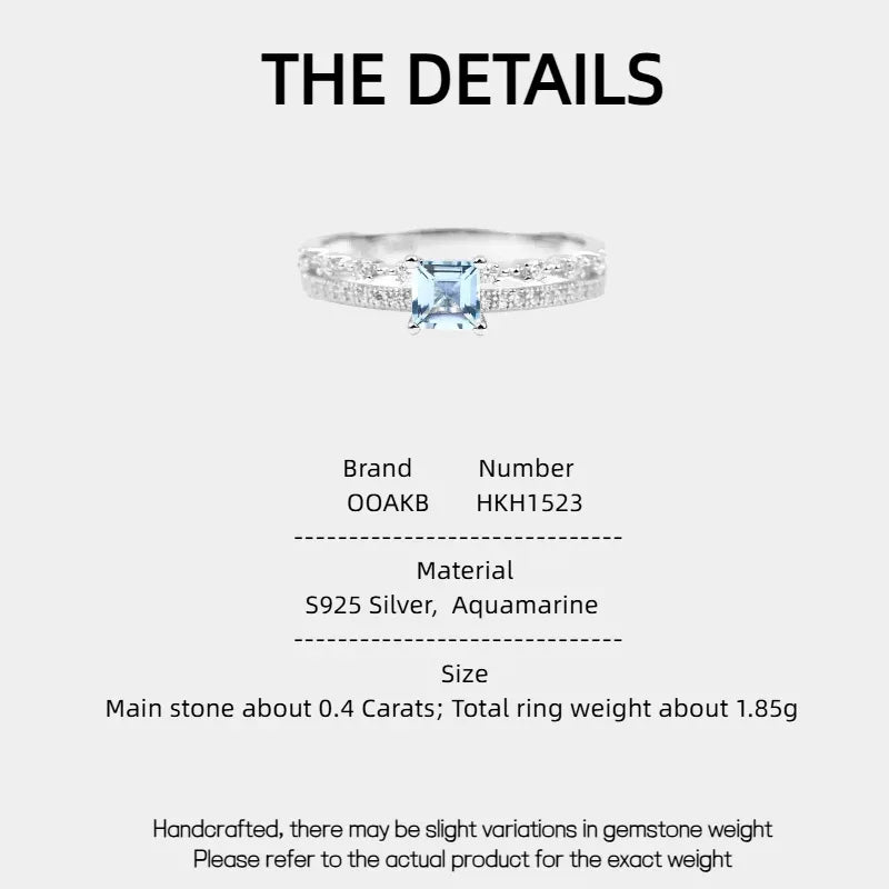 Rectangular Aquamarine Pave Band Ring specification card with product measurements