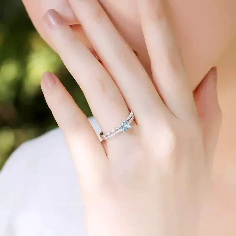 Rectangular Aquamarine Pave Band Ring worn on the hand from a second angle