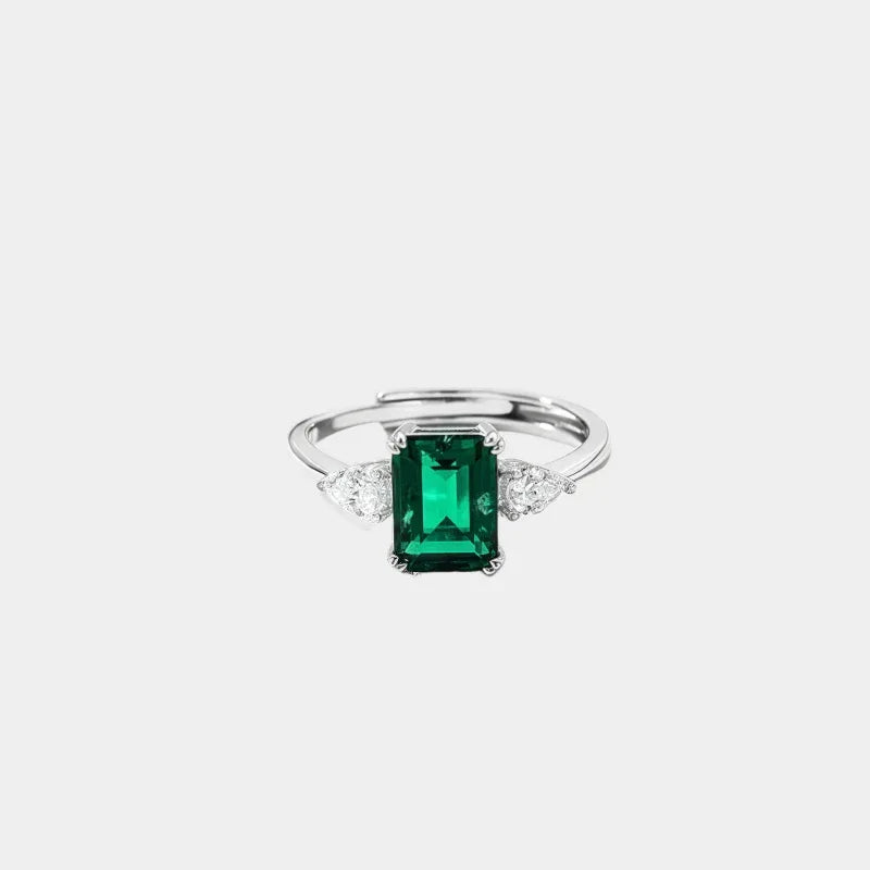 Rectangular Emerald Adjustable Ring front product view on a white background