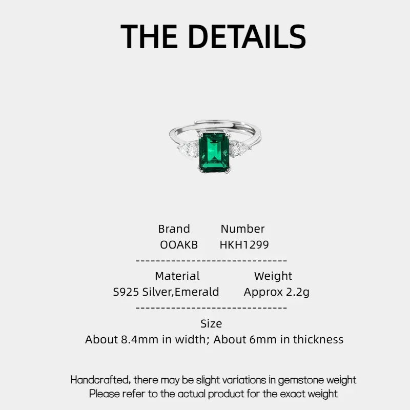 Rectangular Emerald Adjustable Ring specification card with product measurements