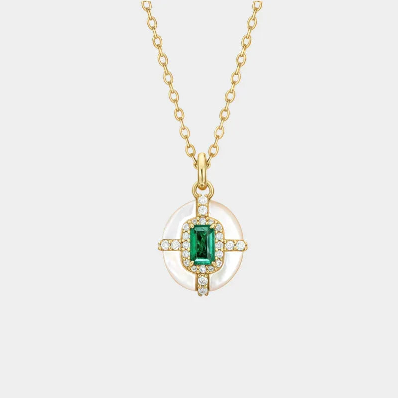 Rectangular Emerald Cross Pendant Necklace full necklace view on a white background