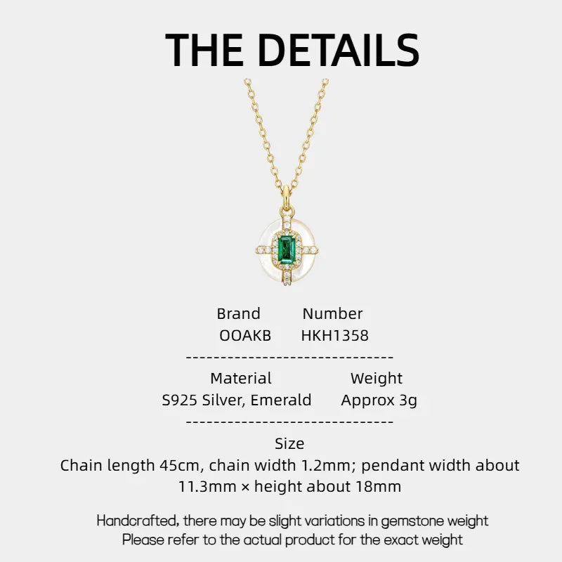 Rectangular Emerald Cross Pendant Necklace specification card with product measurements