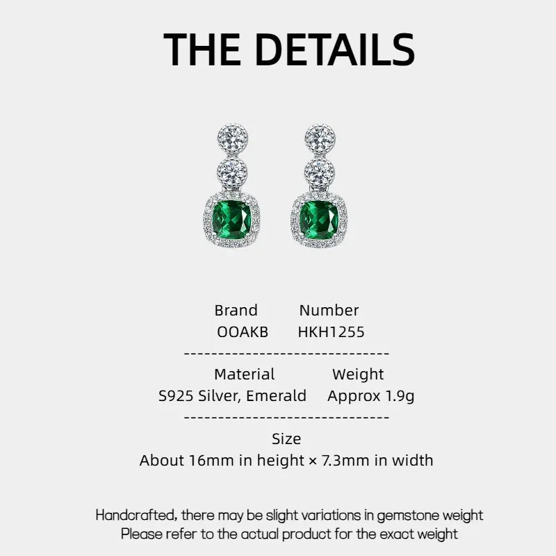 Rectangular Emerald Drop Earrings specification card with product measurements