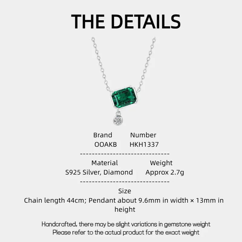 Rectangular Emerald Drop Pendant Necklace specification card with product measurements