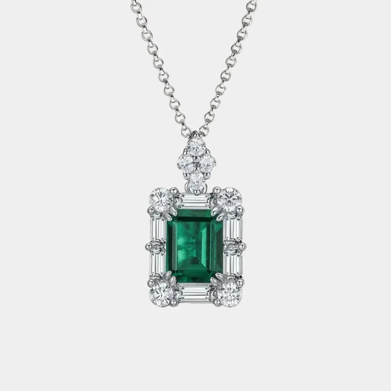 Rectangular Emerald Geometric Halo Necklace full necklace view on a white background