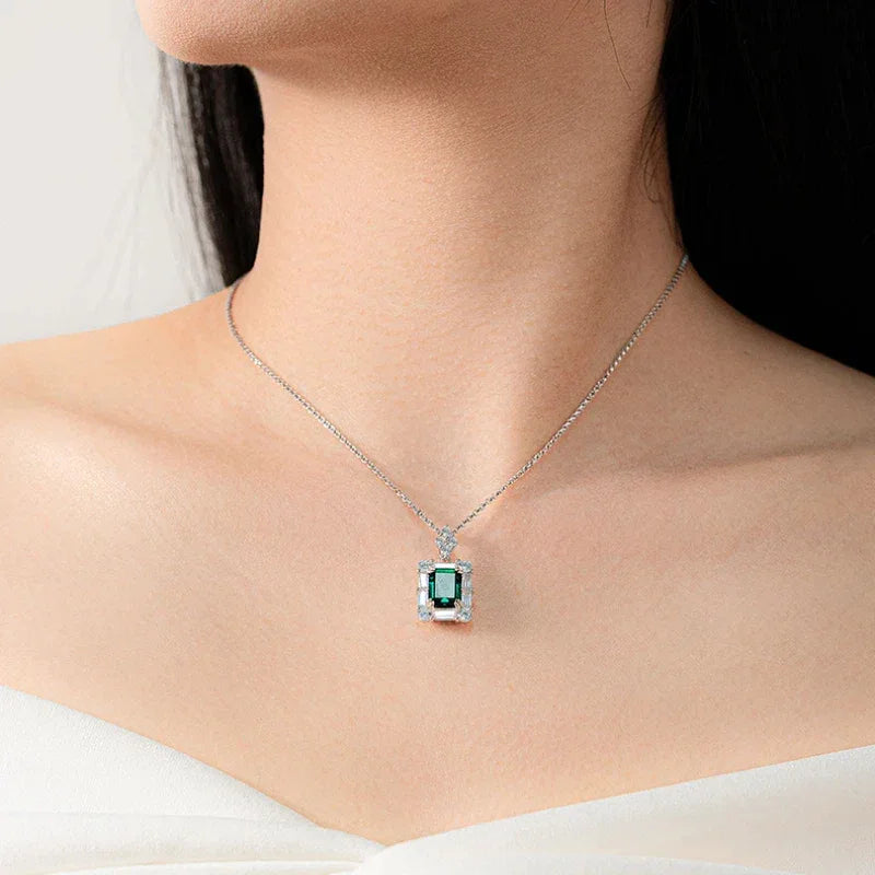 Rectangular Emerald Geometric Halo Necklace presentation box product view
