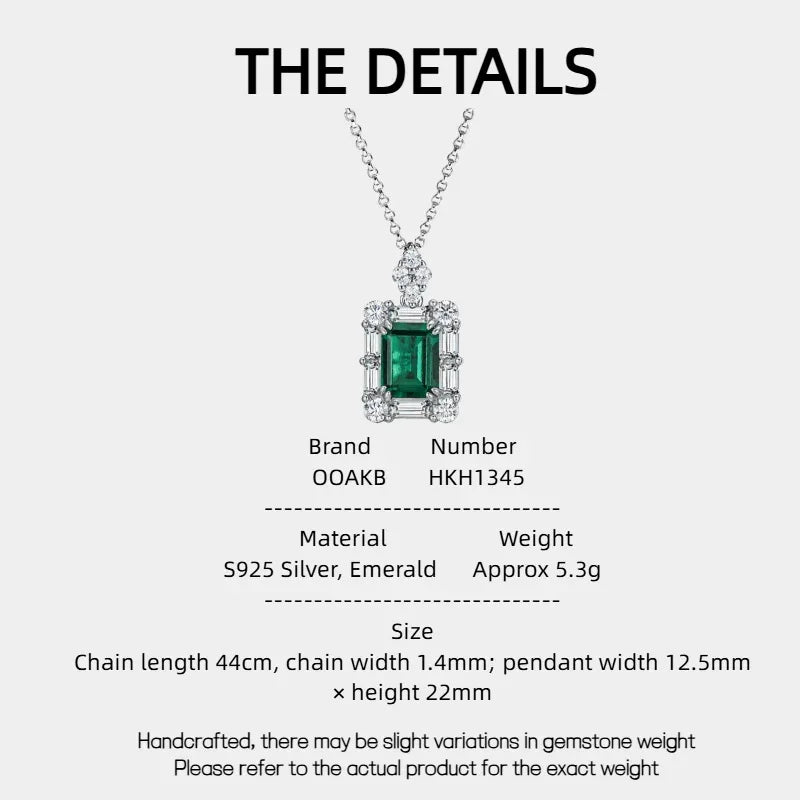 Rectangular Emerald Geometric Halo Necklace specification card with product measurements