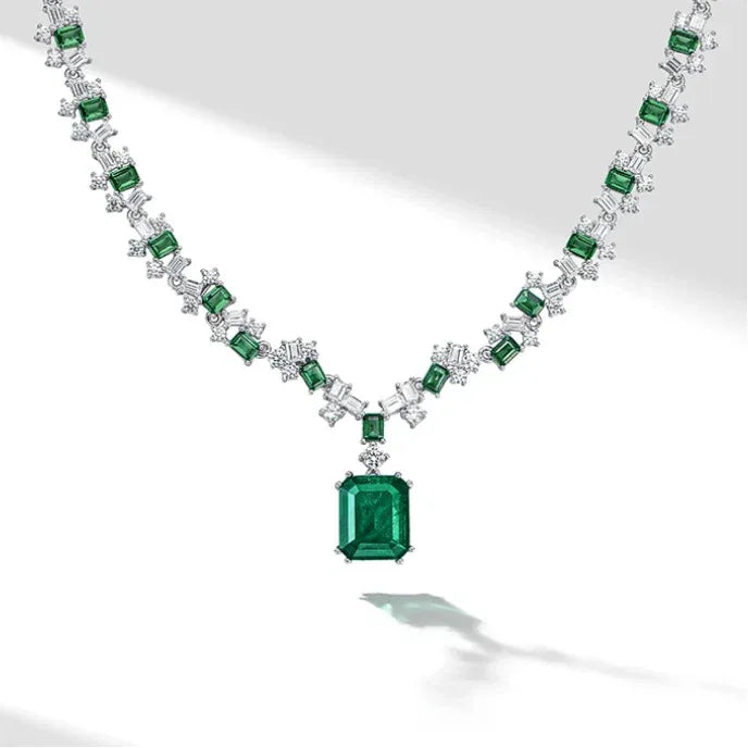 Rectangular Emerald Graduated Tennis Necklace angled pendant detail
