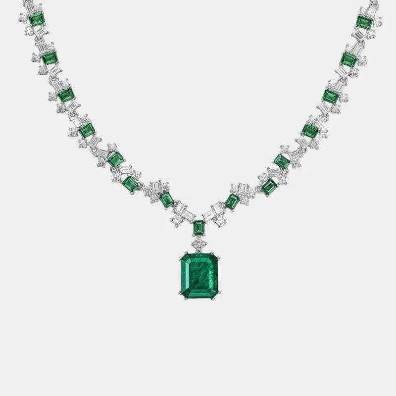 Rectangular Emerald Graduated Tennis Necklace full necklace view on a white background