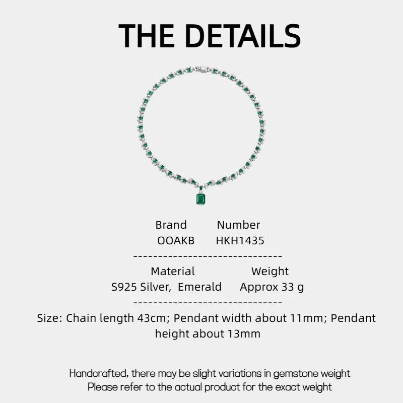 Rectangular Emerald Graduated Tennis Necklace specification card with product measurements