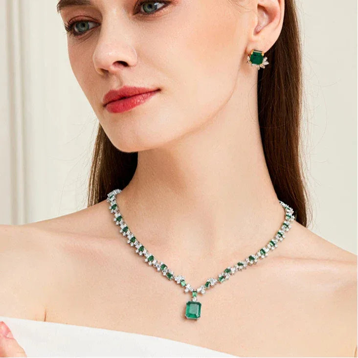 Rectangular Emerald Graduated Tennis Necklace worn at the neckline from a second angle