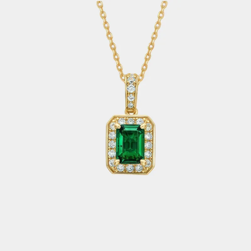 Rectangular Emerald Halo Pendant Necklace full necklace view on a white background