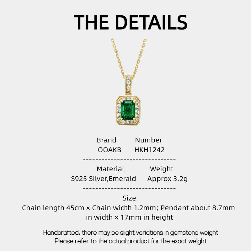 Rectangular Emerald Halo Pendant Necklace specification card with product measurements